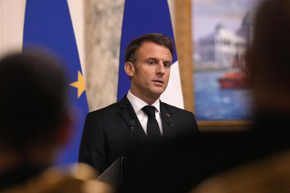 French President Emmanuel Macron speaks during a joint press conference with Egyptian President Abdel Fattah el-Sissi in Cairo, Egypt, Wednesday, Oct. 25, 2023. French President Emmanuel Macron was Wednesday on a trip to Jordan and Egypt were he was expected to discuss the prospect of creating a "coalition" to fight against Hamas, one day after he first made the proposal in Israel.(AP Photo/Christophe Ena, Pool)