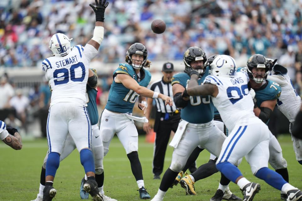 Jacksonville Jaguars quarterback Trevor Lawrence (16) throws during the second half of an NFL football game against the Indianapolis Colts, Sunday, Oct. 6, 2024, in Jacksonville, Fla. (AP Photo/John Raoux)