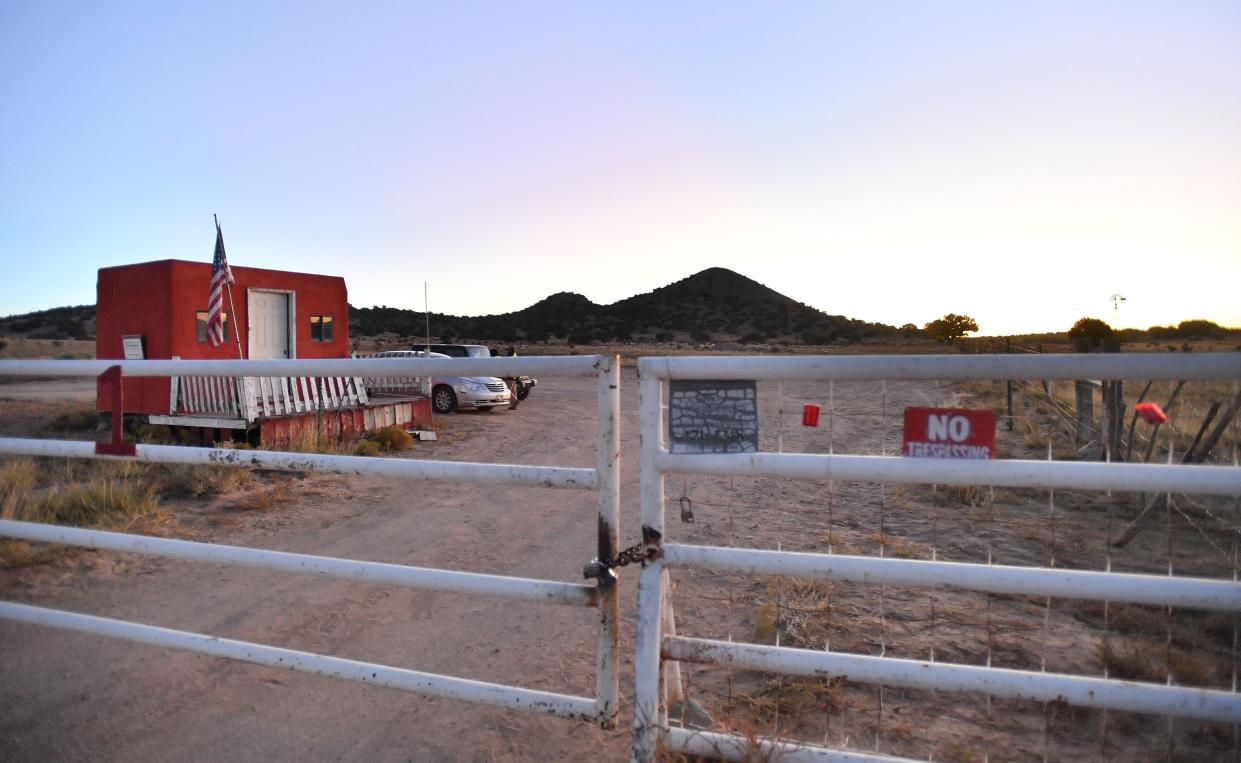 A general view shows a locked gate at the entrance to the Bonanza Creek Ranch on October 22, 2021 in Santa Fe, New Mexico.