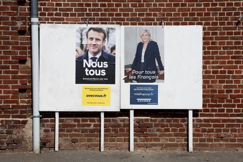 Official campaign posters of French presidential election candidates for the secound round in Montchevreuil