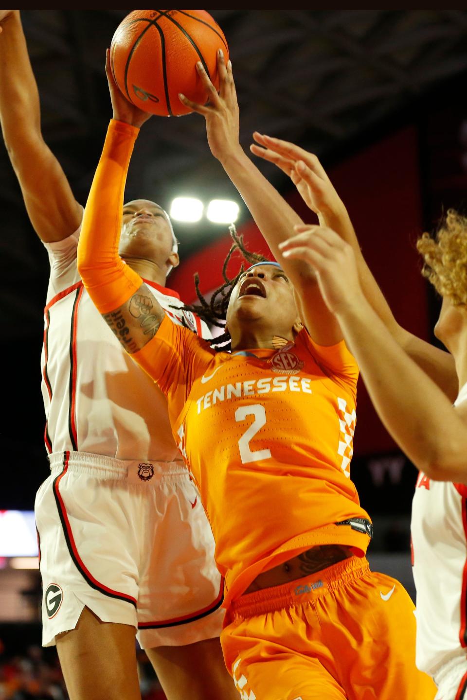 Tennessee forward Alexus Dye (2) takes shot an during an NCAA women's college basketball game between Tennessee and Georgia in Athens, Ga., on Sunday, Jan. 23, 2022.

News Joshua L Jones