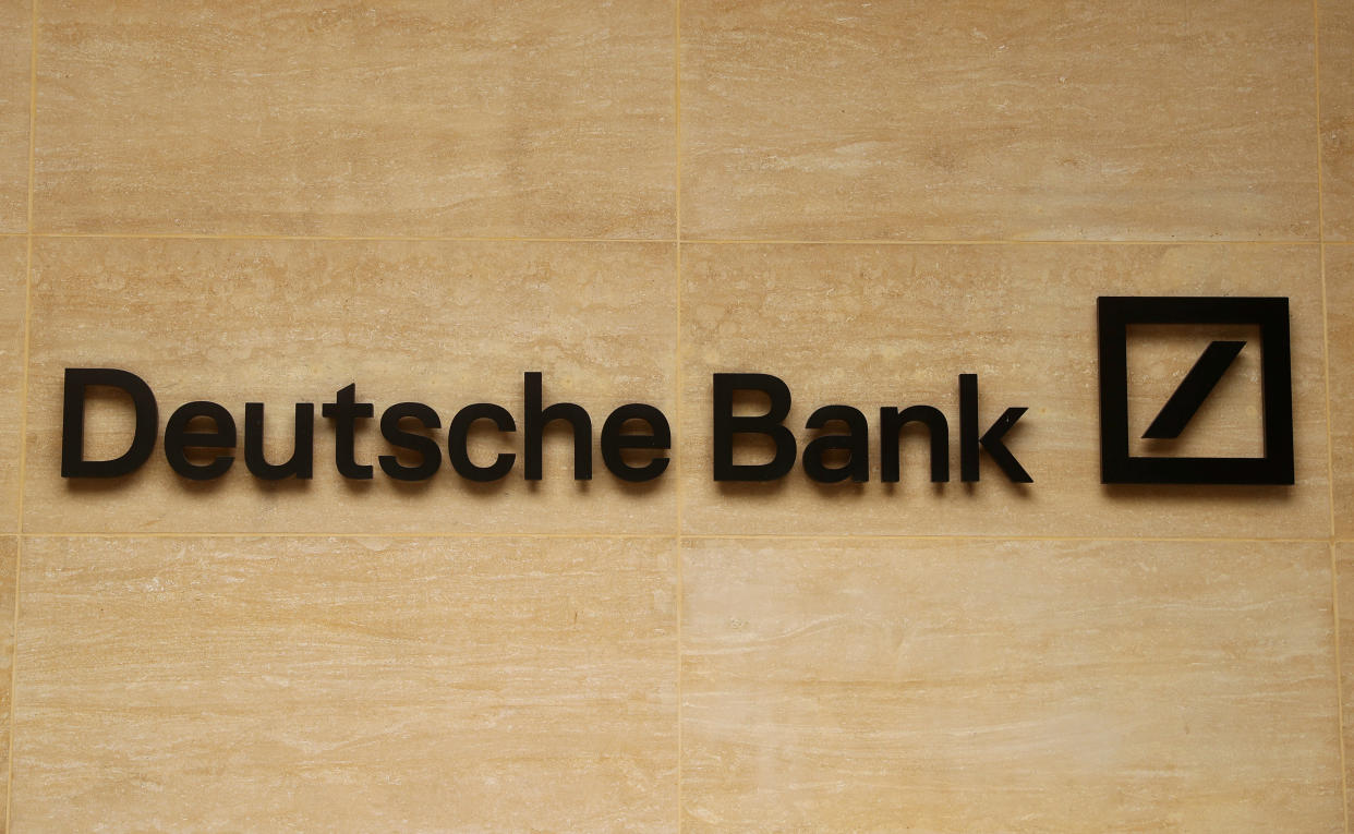 The logo of Deutsche Bank is pictured on a company's office in London, Britain July 8, 2019. REUTERS/Simon Dawson