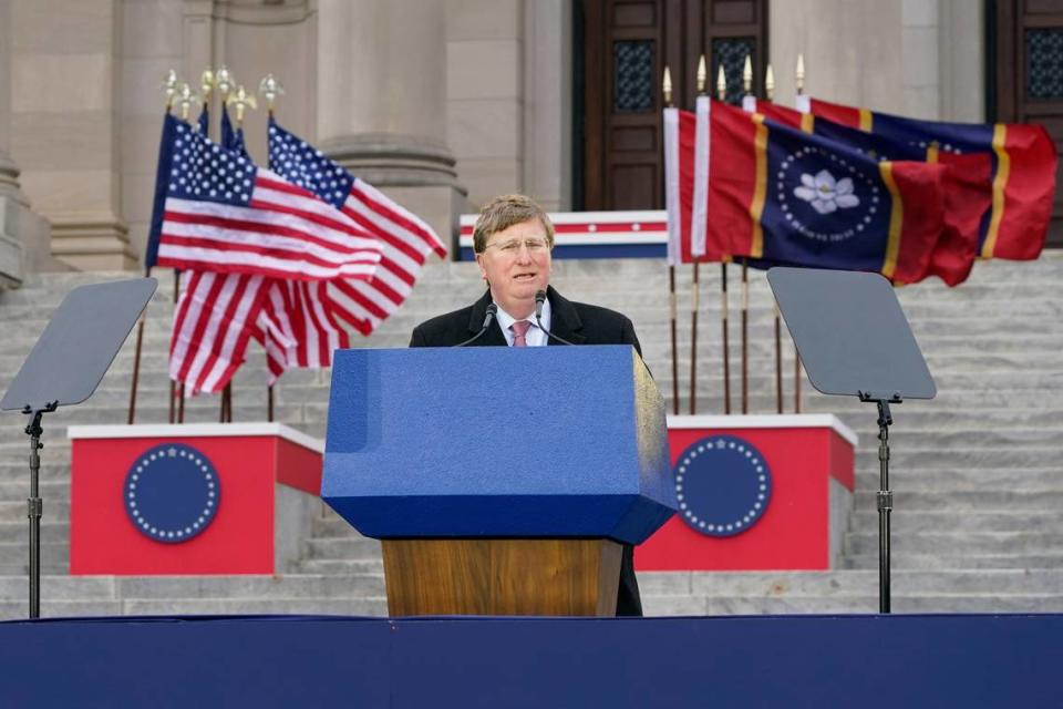 Mississippi Republican Gov. Tate Reeves delivers his address during his 2024 inauguration.