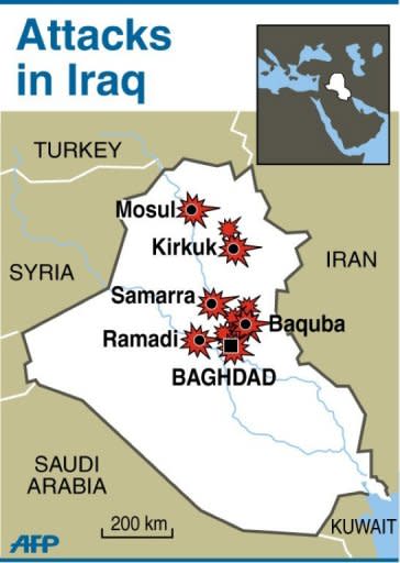 Map of Iraq locating the series of attacks on Thursday. A wave of apparently coordinated bombing and shooting attacks in six different provinces killed at least 37 people and wounded more than 150, security officials said