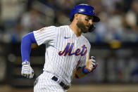 New York Mets' Kevin Pillar (11) runs the bases after hitting a home run during the fifth inning of a baseball game against the Chicago Cubs Wednesday, June 16, 2021, in New York. (AP Photo/Frank Franklin II)