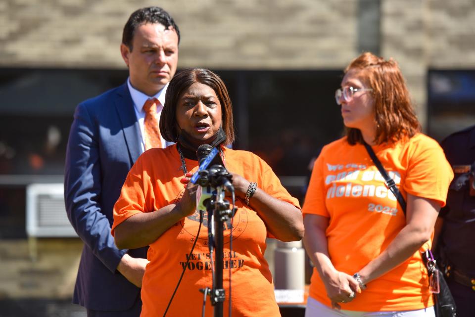 Councilwoman Ruby Cotton speaks to the students before a Gun Violence Awareness Walk on June, 6, 2022.