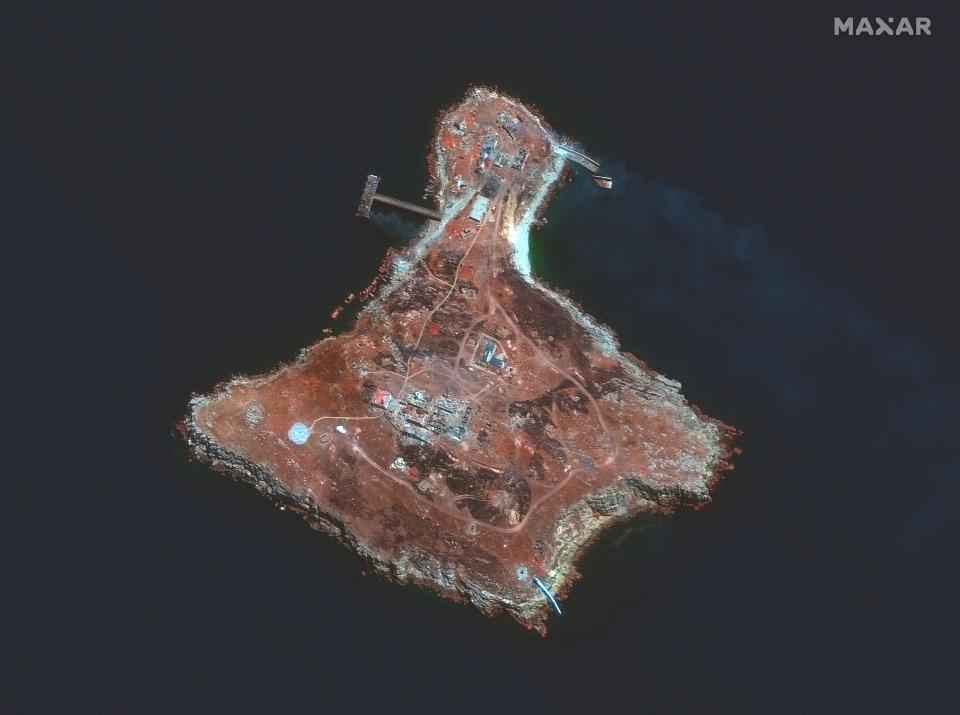 A coloured infrared image shows an overview of Snake Island in Ukraine. Fighters from Kyiv retook the control of the Snake Island, which Volodymyr Zelensky has called a strategic point which significantly changes the situation in the Black Sea. (Satellite image ©2022 Maxar Technologies)