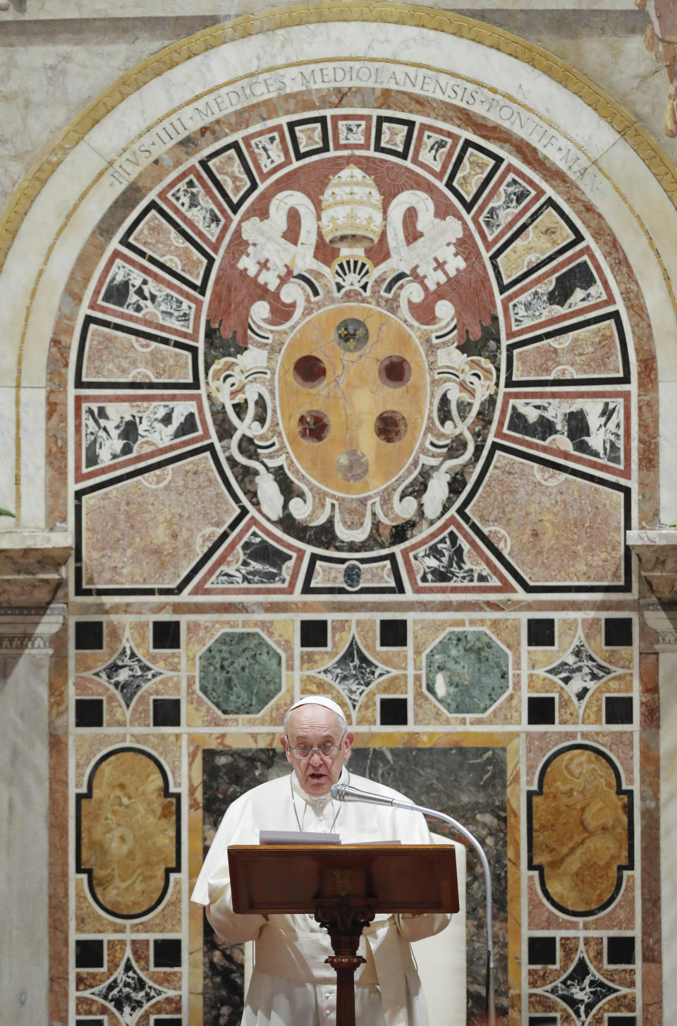 Pope Francis delivers his message during an audience with members of the Diplomatic Corps accredited to the Holy See during the traditional exchange of New Year greetings at the Vatican, Thursday, Jan. 9, 2020. (Remo Casilli/Pool photo Via AP)