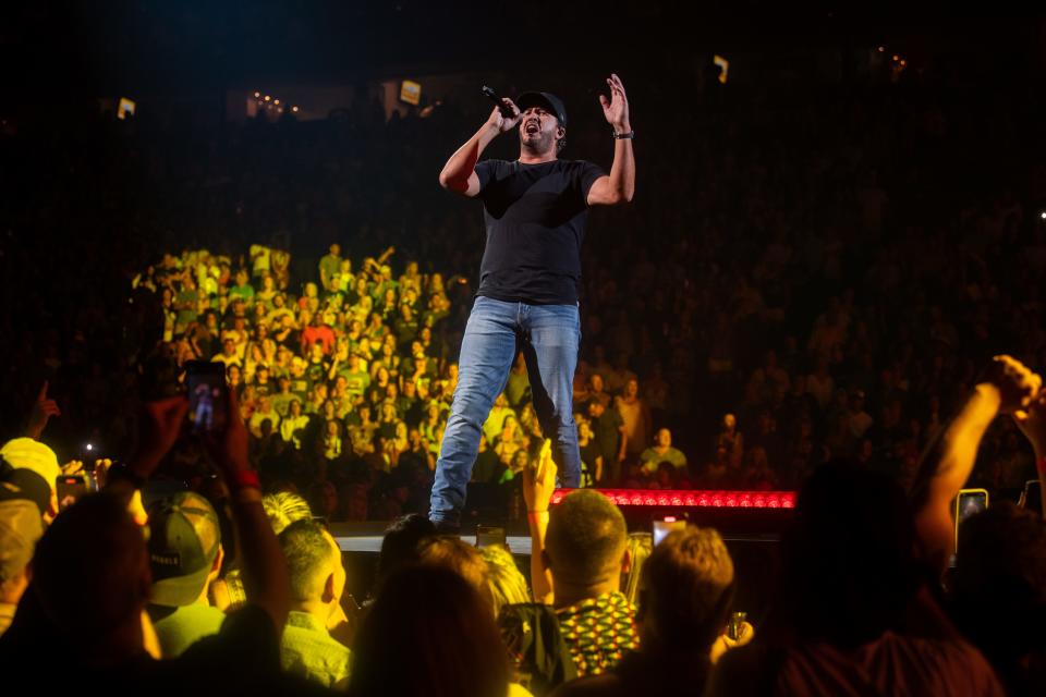 Luke Bryan performs at Bridgestone Arena on Aug 12, 2023 in Nashville, Tenn.