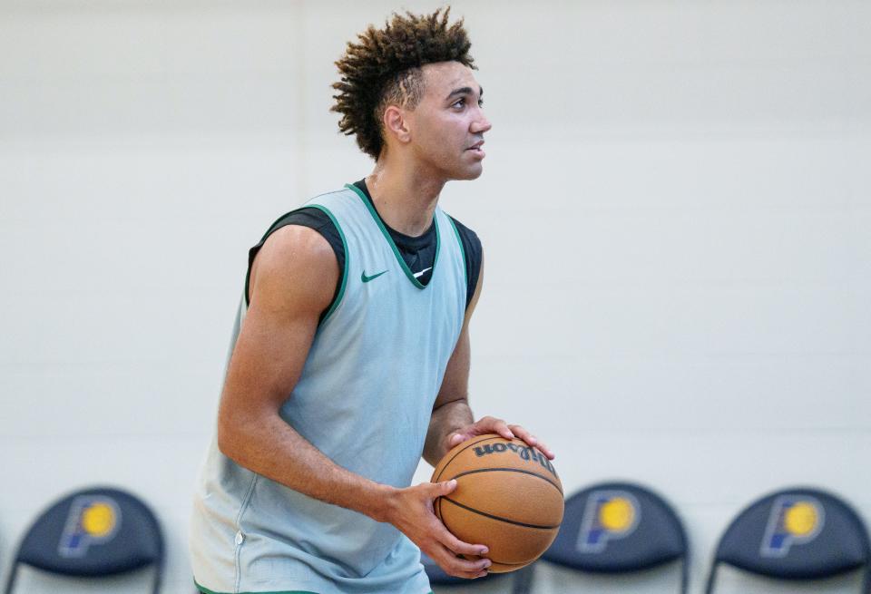 Former Indiana Hoosier star Trayce Jackson-Davis works out for the Indiana Pacers, amongst other NBA prospects, on Monday, June 5, 2023, at Ascension St. Vincent Center in Indianapolis.