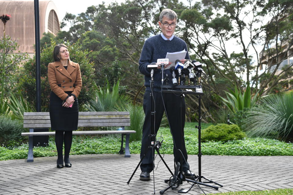 NSW Health's Dr Jeremy McAnulty and NSW Premier Gladys Berejiklian address the media on the weekend. Source: AAP