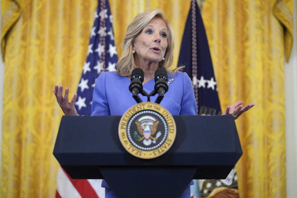 First lady Jill Biden speaks during a Women's History Month reception in the East Room of the White House, Monday, March 18, 2024, in Washington. (AP Photo/Evan Vucci)