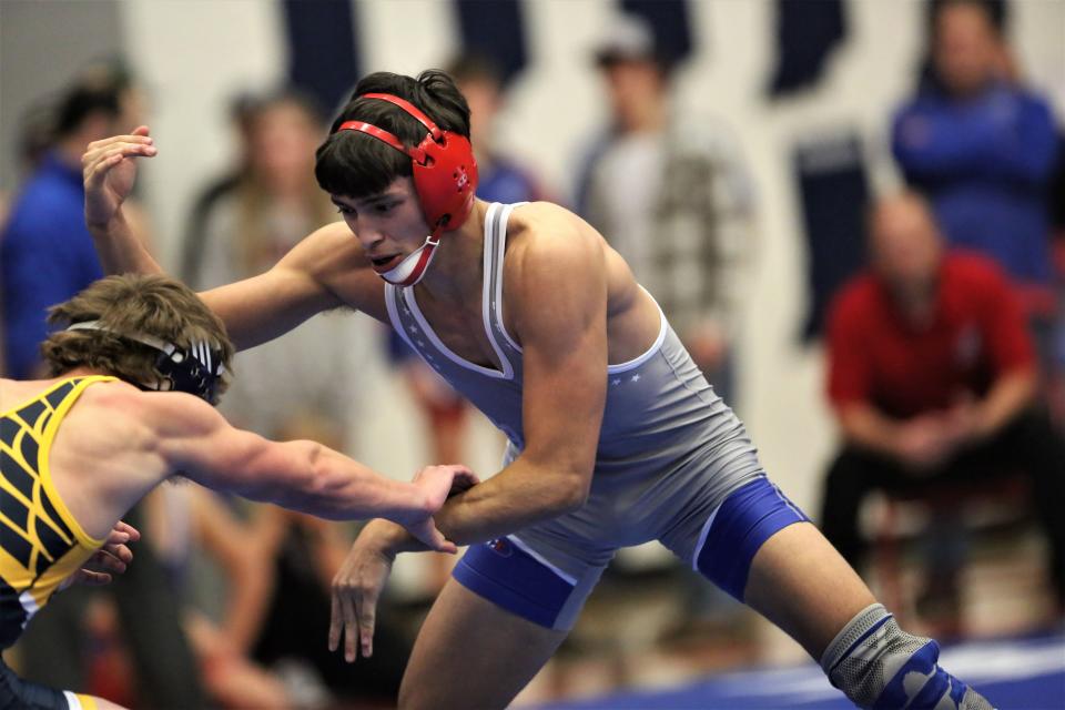 Jay County boys wrestling's Tony Wood in the team's match at Jay County High School on Tuesday, December 6, 2022.