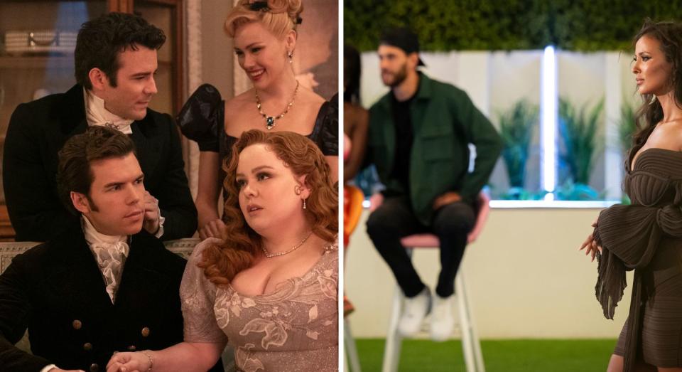 Bridgerton and Love Island. (Left: Netflix, Right: ITV via Getty Images)