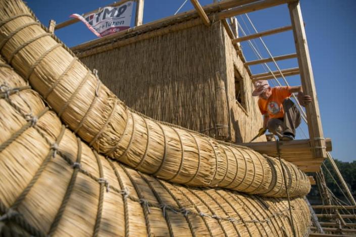 Large bundles of totora reed were lashed together with ropes to form the main body of the vessel before it was equipped with a wooden mast and two reed compartments for sleeping (AFP Photo/NIKOLAY DOYCHINOV)