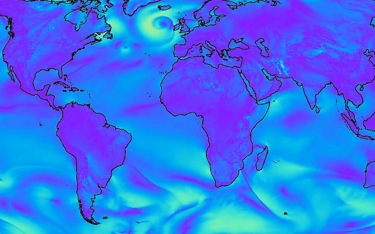 World Map with weather systems across them in indigo and acid green colours