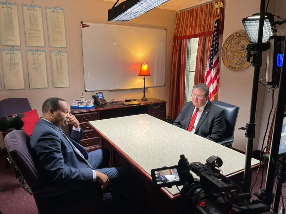 Rep. Randy Fine shared this photo of Roy Wood, Jr. interviewing him about lawmakers' crackdown on Critical Race Theory in March 2022.