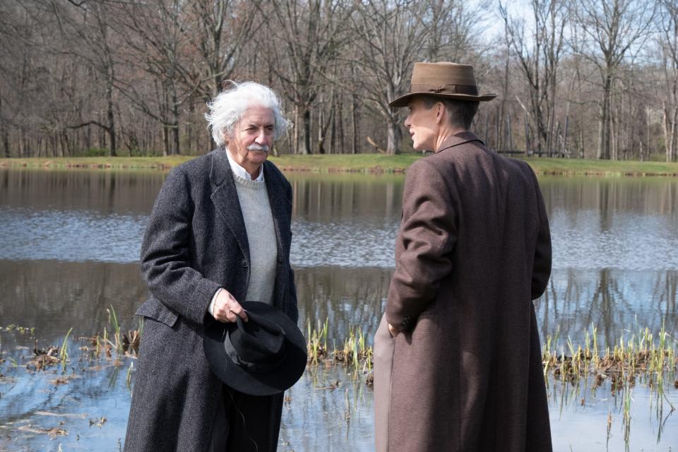 Einstein and Oppenheimer talking in Oppenheimer movie