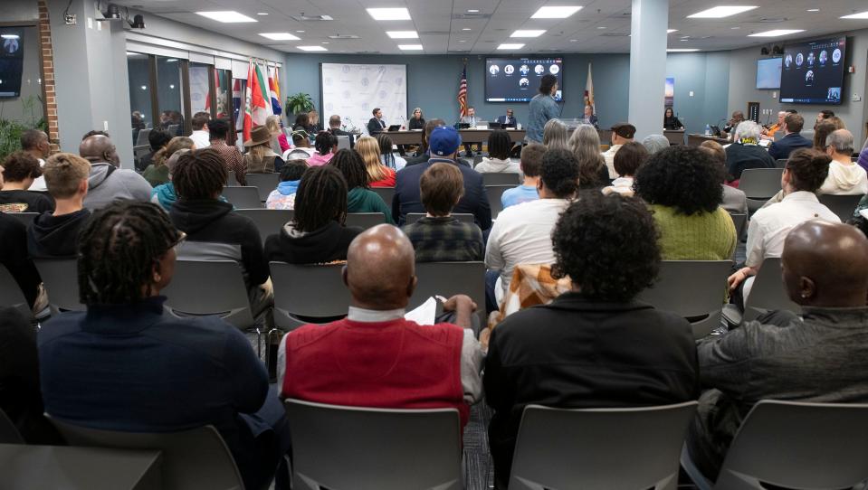 The Pensacola City Council meets before a capacity crowd to decide the fate of the Malcolm Yonge Gym on Thursday, Feb. 8, 2024. Despite outcry from city residents, the council voted 6-1 to demolish the structure.