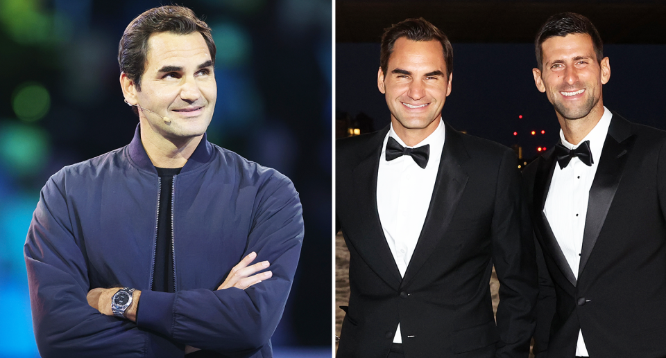 Pictured left Roger Federer and right with Novak Djokovic