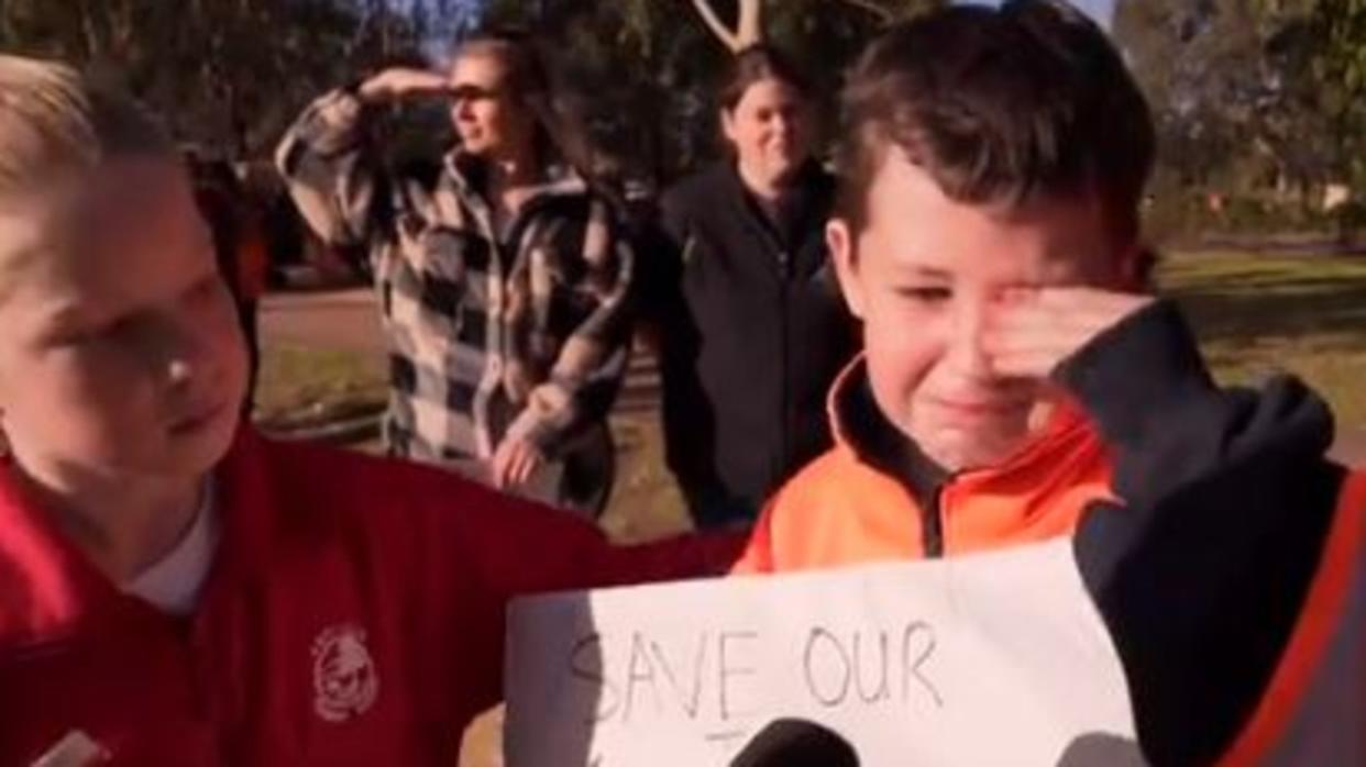 The Grade Four student began to cry as he spoke about whether his family would have 'food on the table'. Picture: 9 News