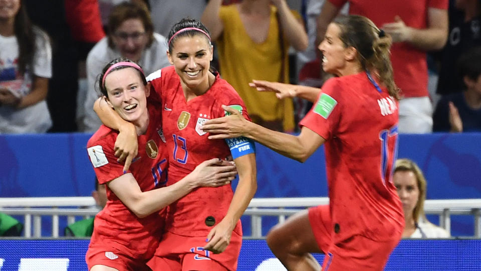 The USWNT celebrate after booking their spot in another World Cup final. 