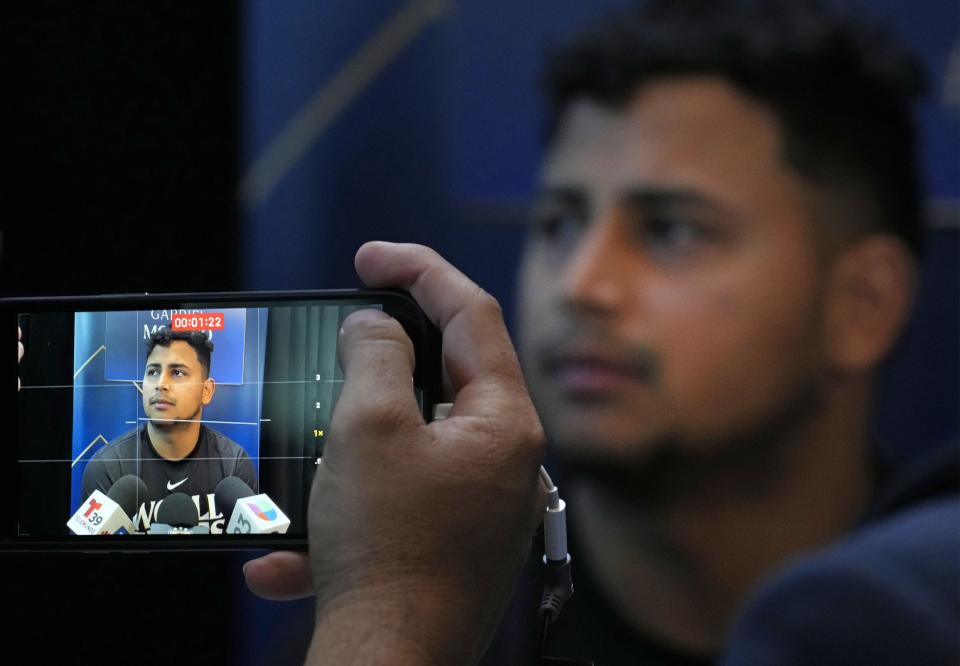 Arizona Diamondbacks catcher Gabriel Moreno during media day prior to Game 1 of the 2023 World Series at Globe Life Field in Arlington, Texas, on Oct. 26, 2023.