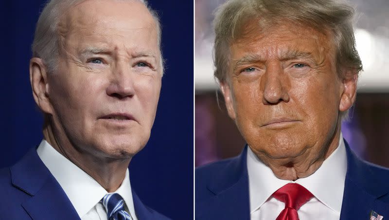 In this combination of photos, President Joe Biden speaks on Aug. 10, 2023, in Salt Lake City, left, and former President Donald Trump speaks on June 13, 2023, in Bedminster, N.J.