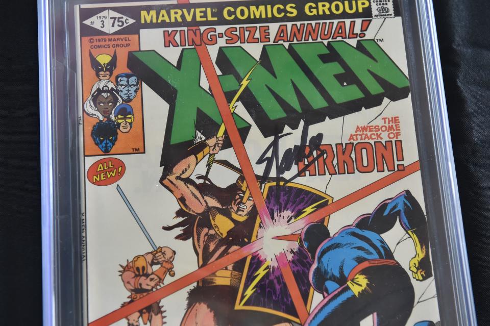 A Stan Lee-signed copy of the 1979 "X-Men Annual #3" is displayed at Julien's Auctions in Beverly Hills, California, on November 13, 2018. - The comic book is part of a selection of 20 works associated with Lee's comics universe which will be sold November 16-17 at Julien's Auctions' Beverly Hills gallery and online. Stan Lee, who was the editor-in-chief of Marvel Comics, died November 12 in Los Angeles at age 95. (Photo by Robyn Beck / AFP)        (Photo credit should read ROBYN BECK/AFP/Getty Images)