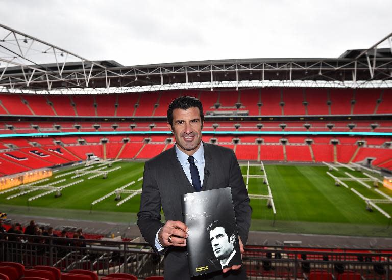 FIFA Presidential Candidate Luis Figo presents his campaign manifesto 'For Football' at the start of his presidential campaign at Wembley Stadium in London on February 19, 2015