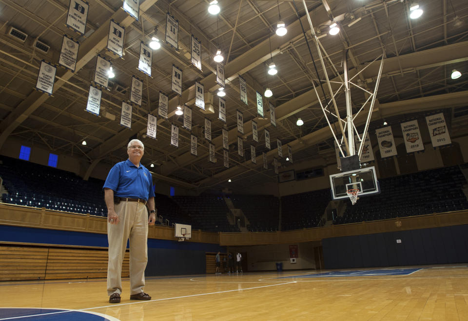 FILE - Duke University radio broadcaster Bob Harris poses at Cameron Indoor Stadium, Tuesday, July 5, 2016, in Durham, N.C. Retired Duke sports radio play-by-play announcer Bob Harris died, Wednesday, June 12, 2024. He was 81. (Kaitlin McKeown/The Herald-Sun via AP, File)