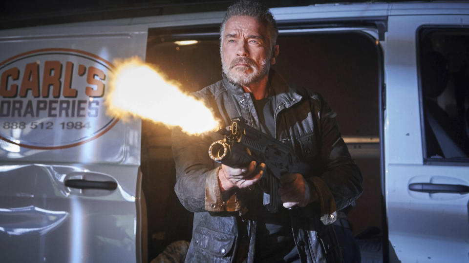 This image released by Paramount Pictures shows Arnold Schwarzenegger in a scene from "Terminator: Dark Fate," in theaters on Nov. 1. (Kerry Brown/Skydance Productions and Paramount Pictures via AP)