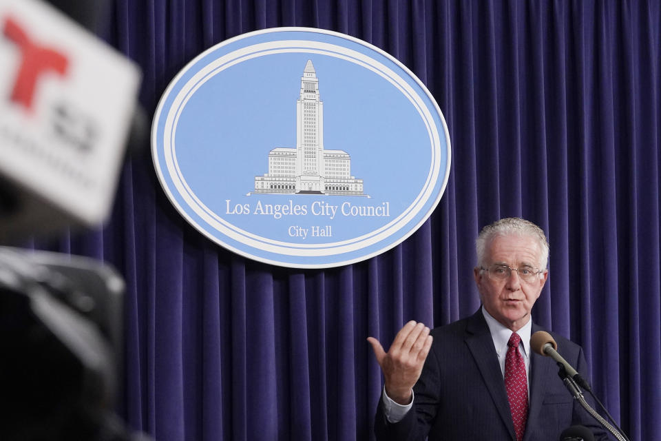 Los Angeles City Council President Paul Krekorian holds a press conference to discuss actions "to preserve public trust" following the filing of charges against Los Angeles Councilmember Curren Price Jr. in Los Angeles, Wednesday, June 14, 2023. Prosecutors have charged Price Jr. with embezzlement and perjury in the latest criminal case to upend the scandal-plagued governing board of the nation's second-largest city. (AP Photo/Damian Dovarganes)