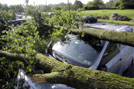 Downed tree limbs remain on cars outside a business Wednesday, May 29, 2019, in Morgantown, Pa. The National Weather Service says a tornado has been confirmed Tuesday in eastern Pennsylvania, where damage to some homes and businesses occurred, but there were no immediate reports of injuries. (AP Photo/Jacqueline Larma)