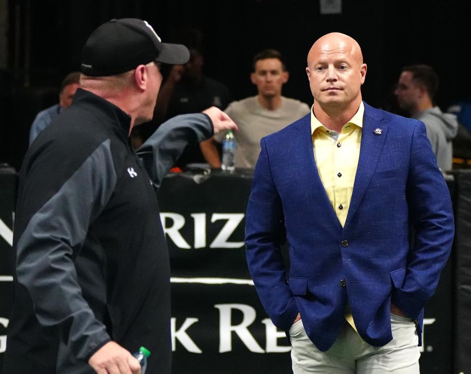 July 30, 2022;  Phoenix, Arizona; USA; Rattlers head coach Kevin Guy yells at IFL Commissioner Todd Tyron after a playoff game at the Footprint Center.