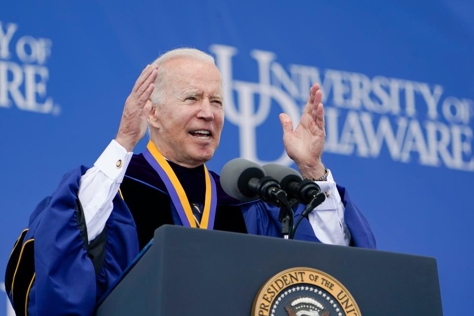 President Joe Biden delivers his keynote address to the University of Delaware Class of 2022 during its commencement ceremony in Newark, Del., Saturday, May 28, 2022. (AP Photo/Manuel Balce Ceneta)