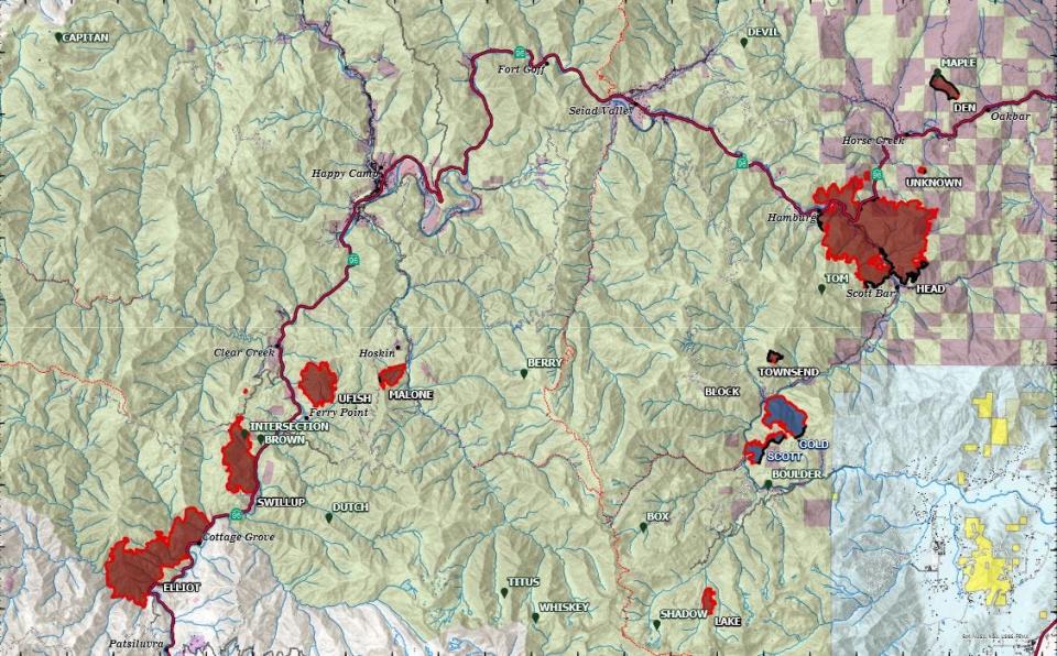Map of active fire areas in the Happy Camp Complex, burning in the Klamath National Forest in Siskiyou County. Fires scorched 14,037 acres as of Thursday morning, Aug. 24.