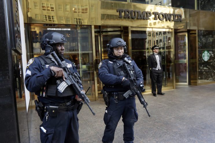 New York City Police officers guard Trump Tower in Manhattan, Nov. 11, 2016. (Photo: Richard Drew/AP)