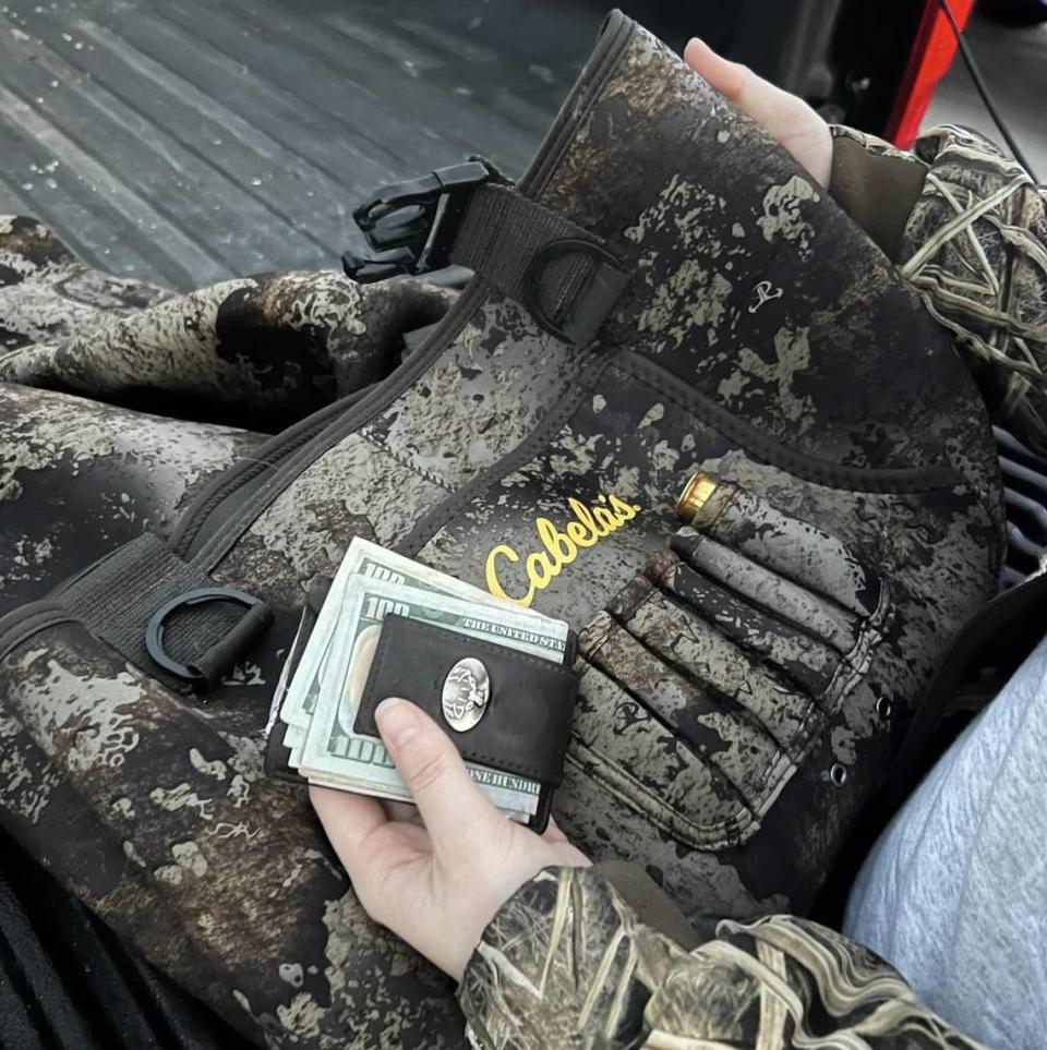 Waders and wallet believed to belong to missing boater Tyler Doyle were found near Ocean Isle Beach, North Carolina. Photo from Facebook. February 1, 2023.