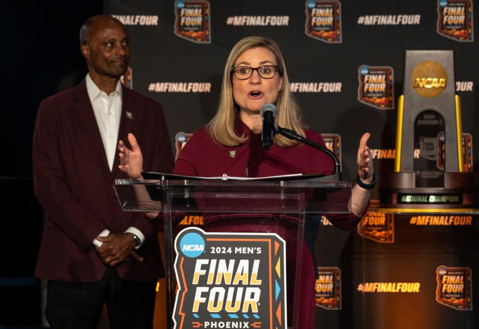 Phoenix Mayor Kate Gallego speaks during the unveiling of the Final Four countdown clock on April 20, 2023, in Terminal 4 at Phoenix Sky Harbor International Airport.