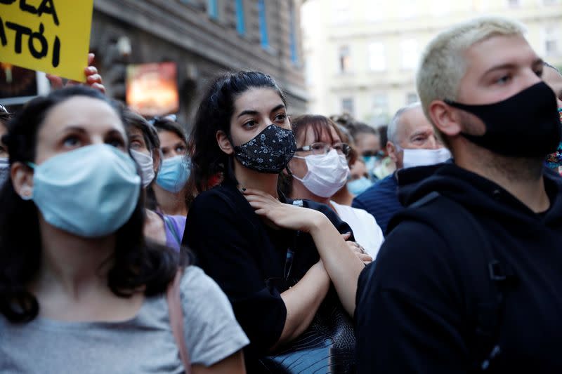 People attend a protest in support of the students of the University of Theatre and Film Arts during their blockade in Budapest