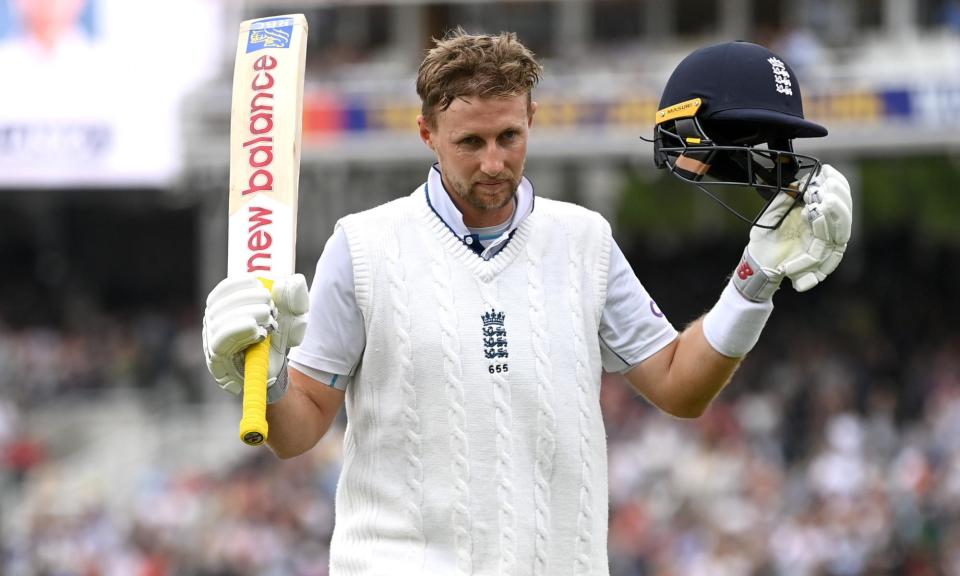 <span>Joe Root salutes the crowd after his record-breaking performance.</span><span>Photograph: Gareth Copley/Getty Images</span>