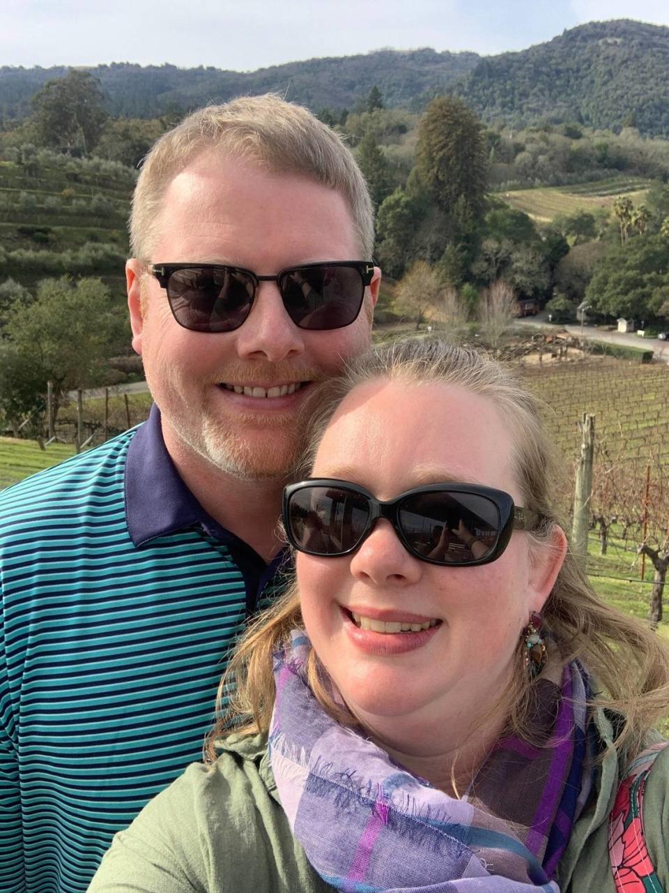 Adam and Mary Eggert pose for a selfie while enjoying a vacation together in Sonoma, California, just prior to the start of the pandemic, in January of 2020.