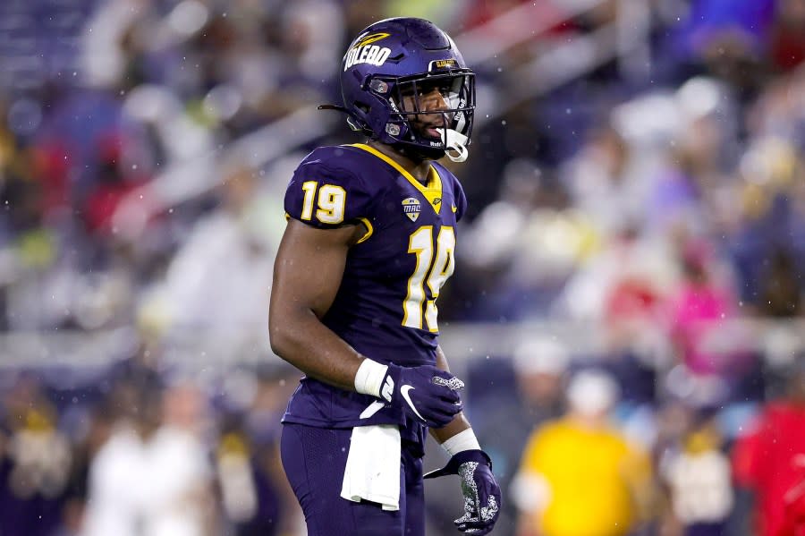 BOCA RATON, FLORIDA – DECEMBER 20: Dallas Gant #19 of the Toledo Rockets in action against the Liberty Flames during the second half of the game during the RoofClaim.com Boca Raton Bowl at FAU Stadium on December 20, 2022 in Boca Raton, Florida. (Photo by Megan Briggs/Getty Images)