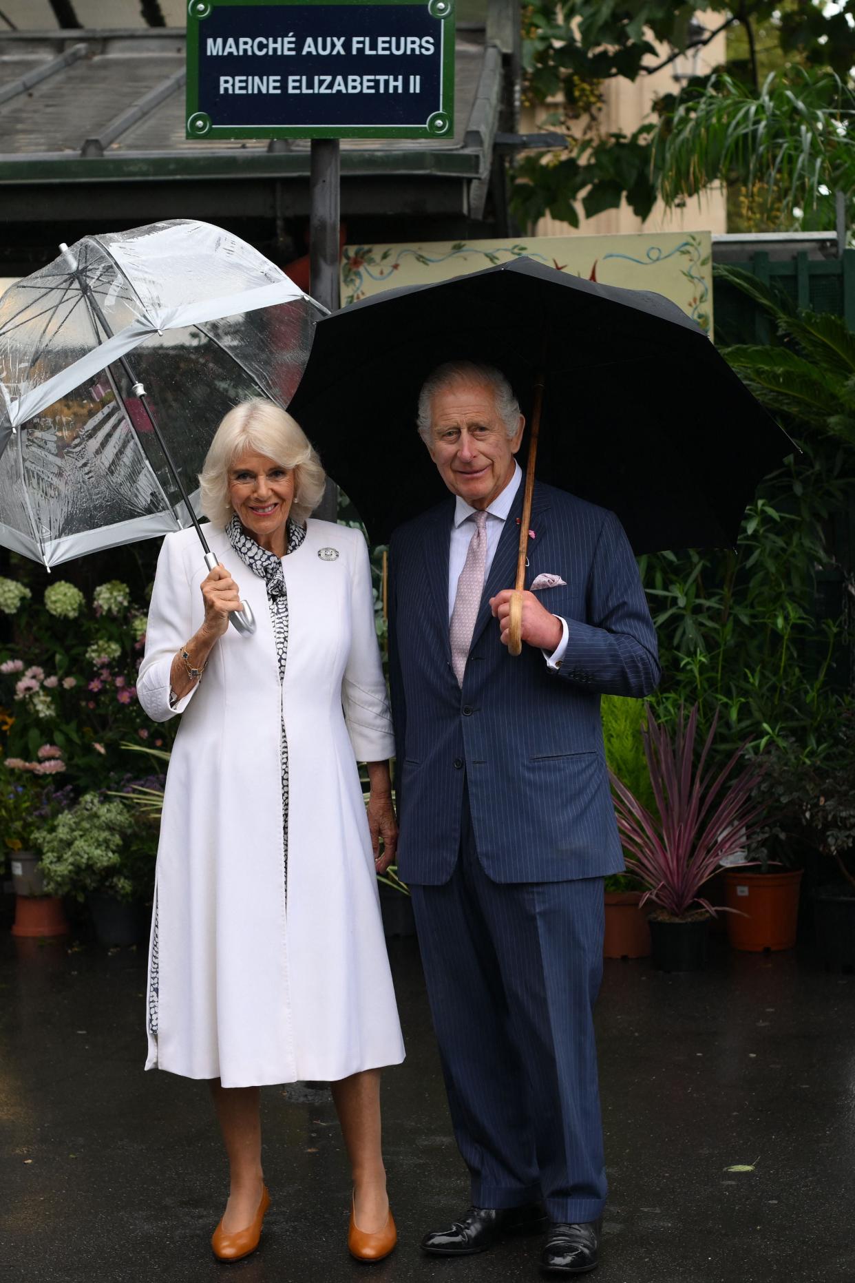 Brollies up - King Charles III and his wife Queen Camilla arrive to visit the central Paris Flower Market, named after her late Majesty Queen Elizabeth II (POOL/AFP via Getty Images)