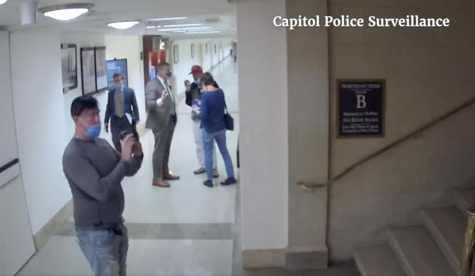 The House select committee investigating the Jan. 6 assault on the Capitol released new surveillance footage showing GOP Rep. Barry Loudermilk leading a group of people on a tour of the Capitol complex the day before the attack. / Credit: House Jan. 6 select committee / from U.S. Capitol Police surveillance video