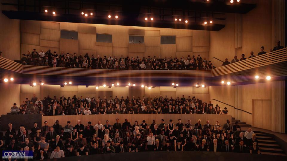 The David Corban Architects rendering of what will be the Kizzie Theatre (the former Blackburn Hall) with the balcony added at Sugden Community Theatre.