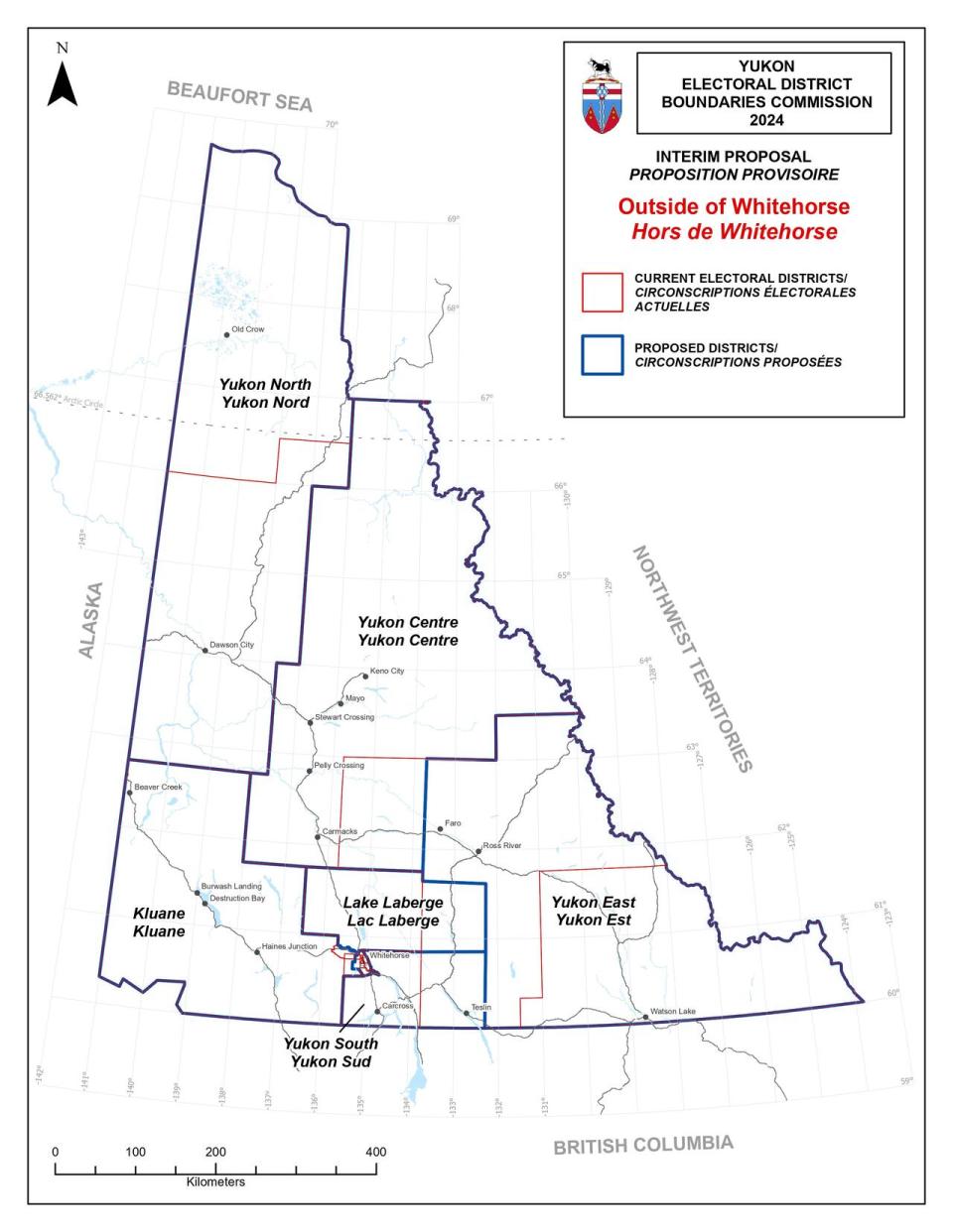 New electoral district boundaries, recommended by Yukon's Electoral District Boundaries Commission, May 2024