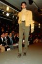 <p>Linda Evangelista wears a suede jacket, a turtleneck, and trousers at the Calvin Klein fashion show. </p>