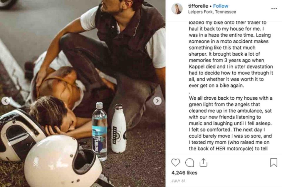  Influencer Tiffany Mitchell's now removed Instagram post which led to claims she staged a motorcycle crash for a Smartwater product placement sponsorship opportunity.